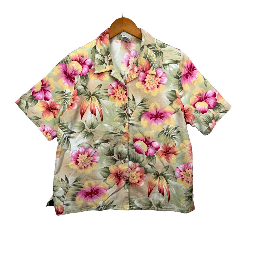 Allison Daley VTG Women's Top 80's Hawaiian Travel Shirt Hibiscus Blouse 12 P